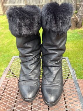 Regency Black Leather Rabbit Fur-Trim Mid-Calf Lined Winter Women's Boots 9.5